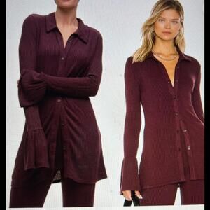 New N:Philanthropy Sia Ribbed Button Up M Shirt Burgandy Space Cherry